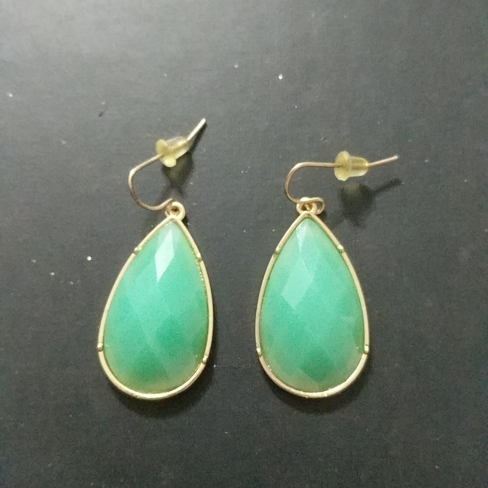 Gold Tone Minty Mint Green Teardrop Statement Earrings
